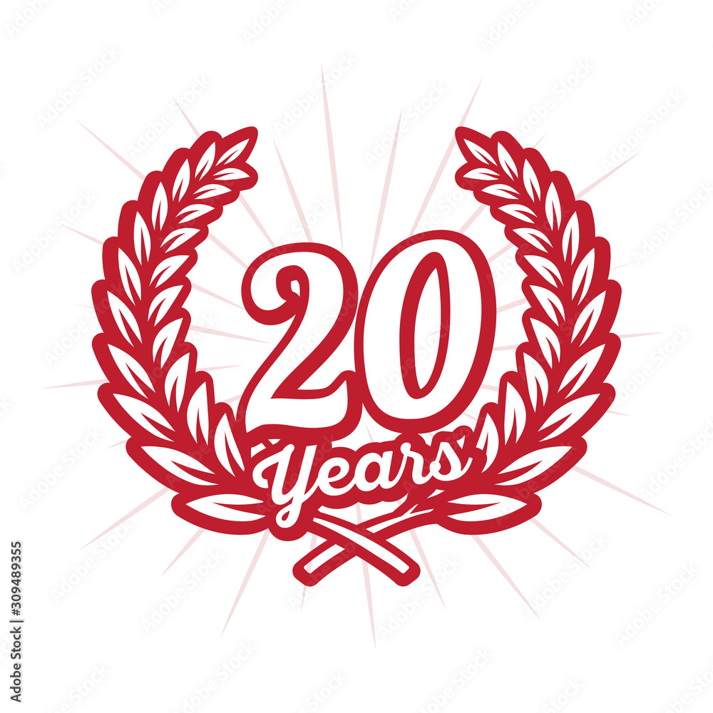 Fototapeta premium 20 years anniversary celebration with laurel wreath. Twentieth anniversary logo. Vector and illustration.