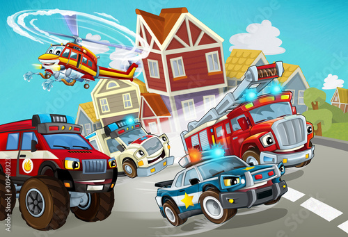 Fototapeta Naklejka Na Ścianę i Meble -  cartoon scene with fireman vehicle on the road with police car and ambulance - illustration for children