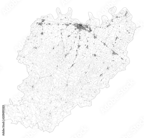 Satellite map of Province of Piacenza towns and roads, buildings and connecting roads of surrounding areas. Emilia-Romagna region, Italy. Map roads, ring roads