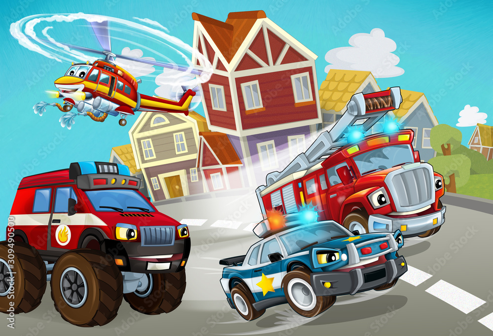 cartoon scene with fireman vehicle on the road with police car - illustration for children