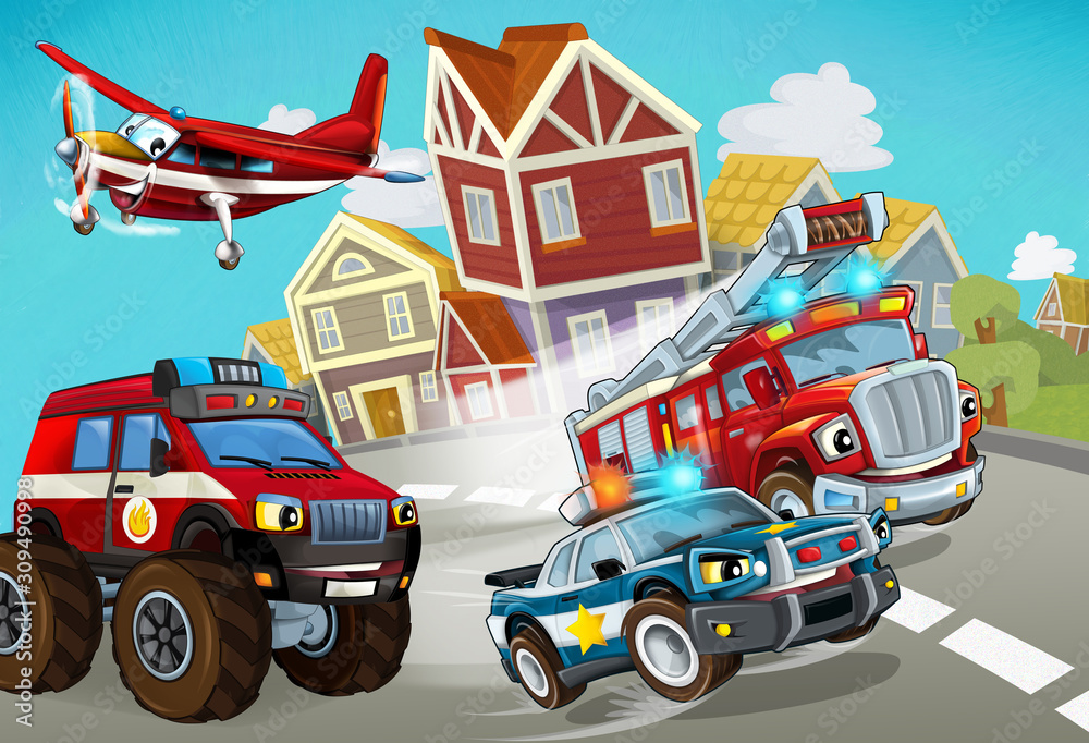 cartoon scene with fireman vehicle on the road with police car - illustration for children