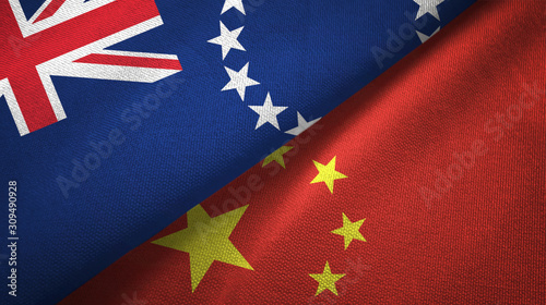 Cook Islands and China two flags textile cloth, fabric texture