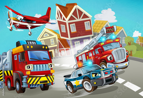 cartoon scene with fireman vehicle on the road with police car - illustration for children © honeyflavour