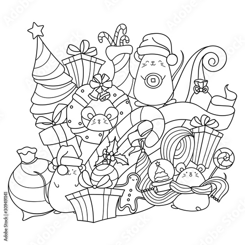 Doodle art with cute kawaii mice and Christmas decorations. Symbol of Chinese New Year 2020. Cheerful mouse with gifts. Easy to change colors inside of objects.