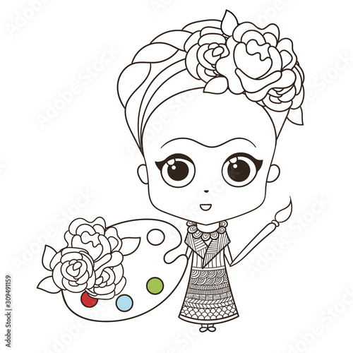 Cute baby artist in traditional mexican clothing covered with doodle patterns, wreath of flowers on head. Palette and brush in her hands. Coloring page or design print. Easy to change color.