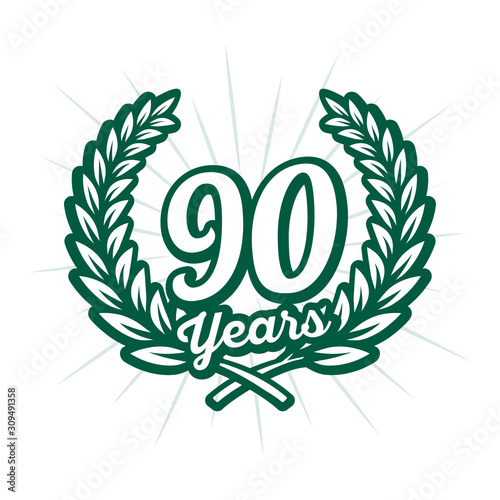 90 years anniversary celebration with laurel wreath. Ninetieth anniversary logo. Vector and illustration.