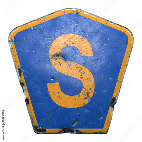 Public road sign in blue and orange color with a capitol letter S in the center isolated white background. 3d