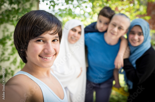 Happy Muslim family selfie portrait