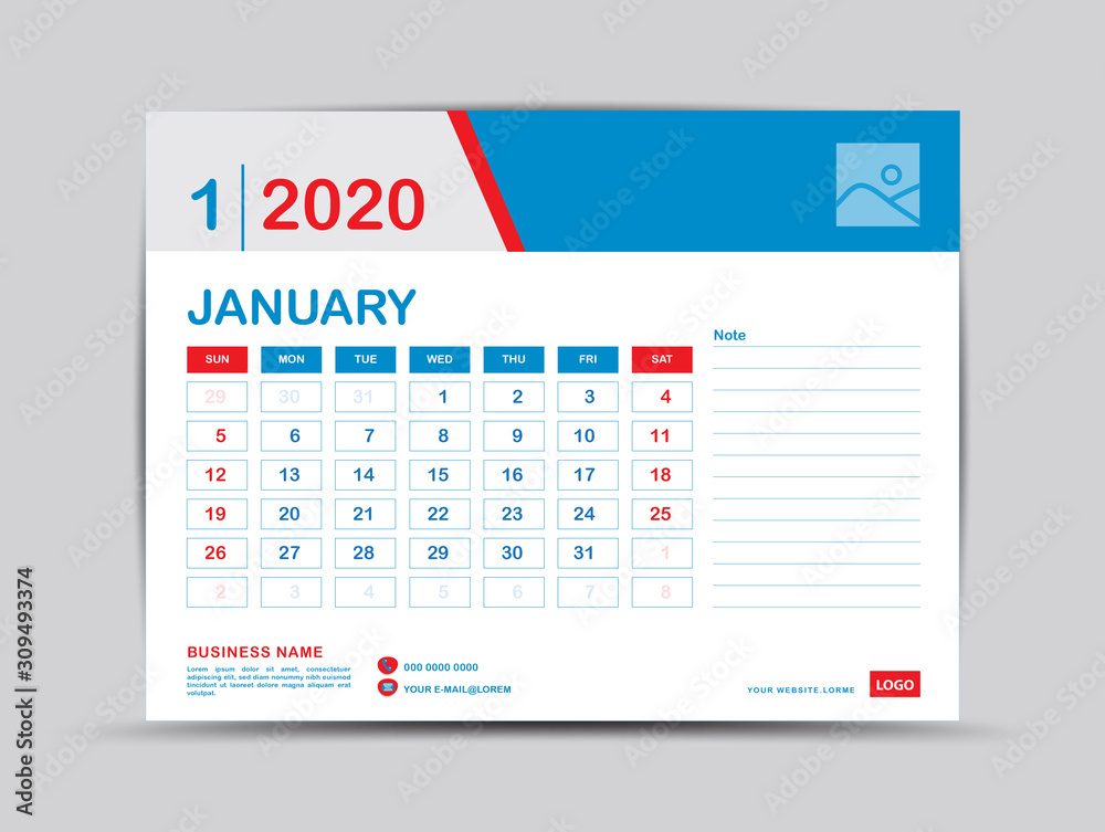 Calendar 2020 template, JANUARY, Desk calendar 2020 template,  advertisement, Trendy,  minimal, creative design, simple, stationary,  printing;