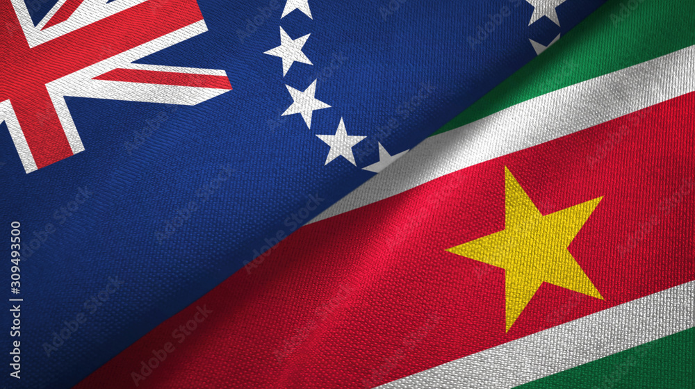 Cook Islands and Suriname two flags textile cloth, fabric texture Cook Islands and Suriname two flags textile cloth, fabric texture
