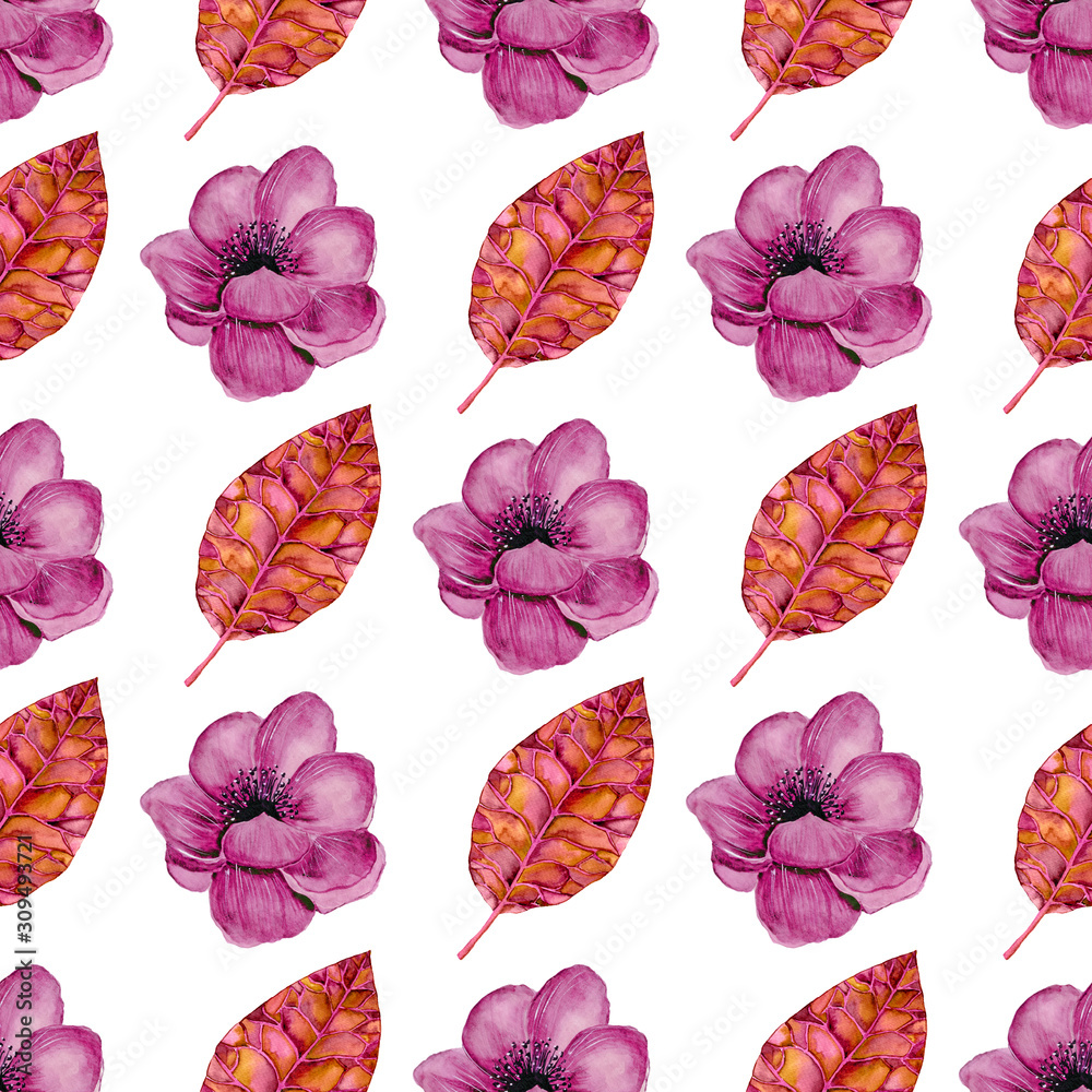 Watercolor seamless pattern with leaves and pink flowers isolated on white background. Hand painted illustration. Black and white print for fabric.