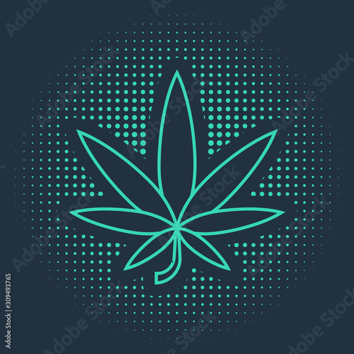 Green Medical marijuana or cannabis leaf icon isolated on blue background. Hemp symbol. Abstract circle random dots. Vector Illustration