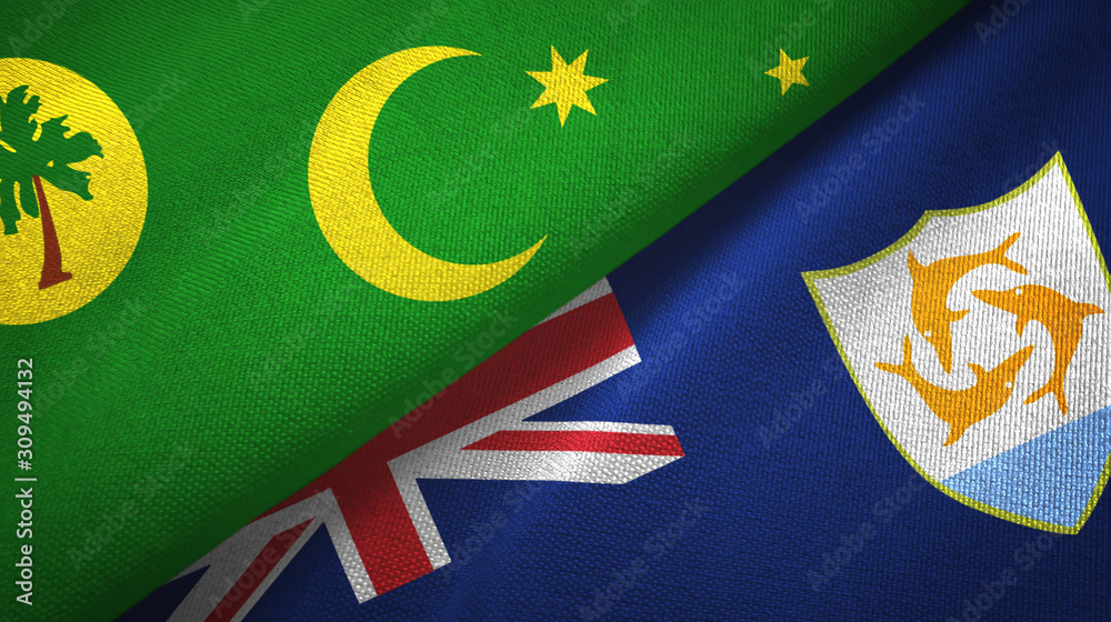 Cocos Keeling Islands and Anguilla two flags textile cloth, fabric texture