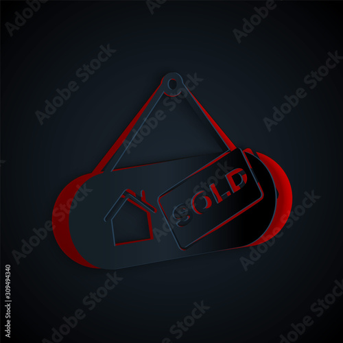 Paper cut Hanging sign with text Sold icon isolated on black background. Sold sticker. Sold signboard. Paper art style. Vector Illustration