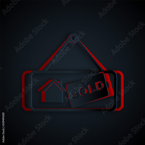 Paper cut Hanging sign with text Sold icon isolated on black background. Sold sticker. Sold signboard. Paper art style. Vector Illustration