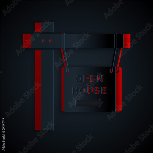 Paper cut Hanging sign with text Open house icon isolated on black background. Signboard with text Open house. Paper art style. Vector Illustration