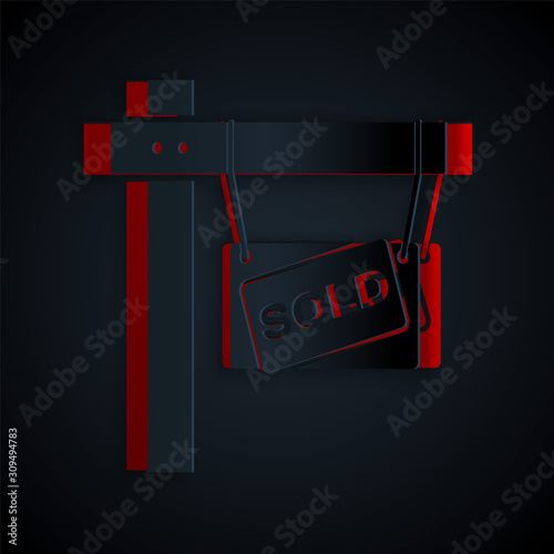 Paper cut Hanging sign with text Sold icon isolated on black background. Sold sticker. Sold signboard. Paper art style. Vector Illustration
