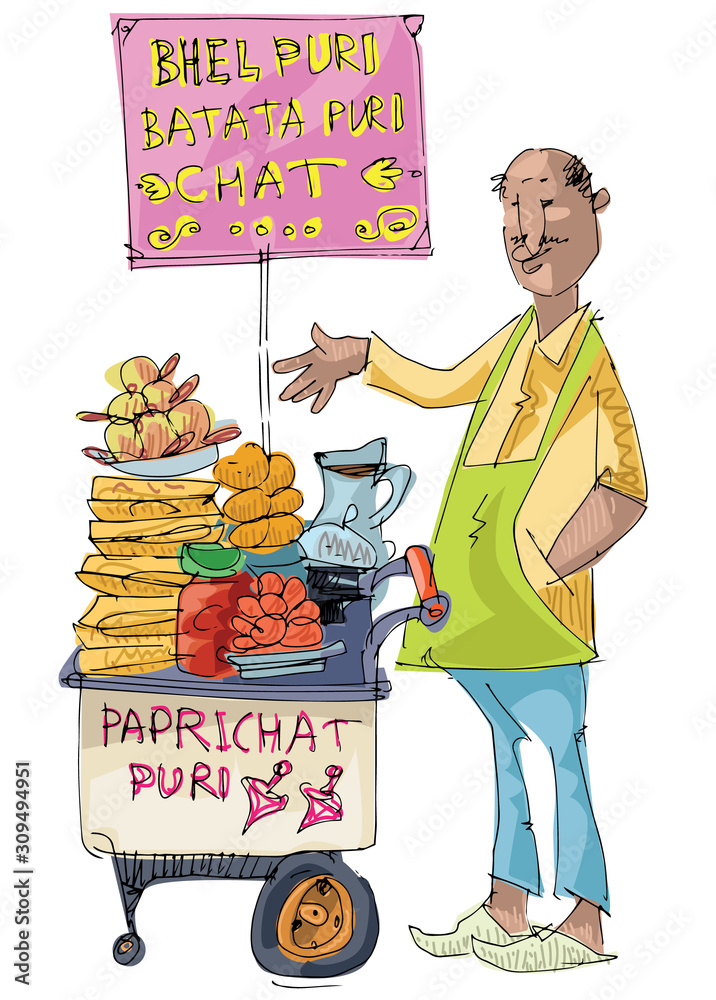 indian street food vendor is selling traditional indian dish BHEL PURI -  cartoon Stock Vector | Adobe Stock