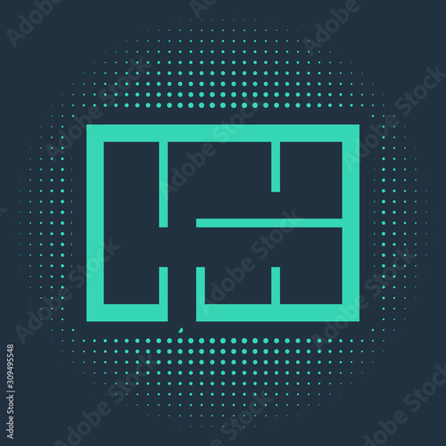 Green House plan icon isolated on blue background. Abstract circle random dots. Vector Illustration