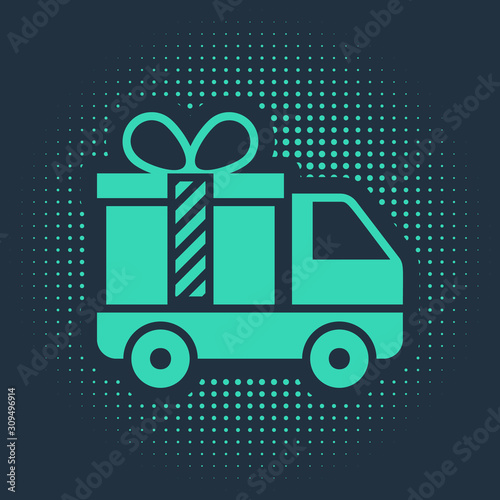 Green Delivery truck with gift icon isolated on blue background. Abstract circle random dots. Vector Illustration