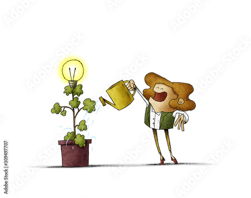woman is watering a plant from which a light bulb blooms. isolated