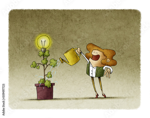 businesswoman is watering a plant from which a light bulb blooms.