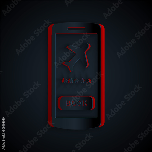 Paper cut Smartphone with electronic boarding pass airline ticket icon isolated on black background. Passenger plane mobile ticket for web and app. Paper art style. Vector Illustration