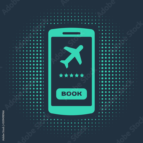 Green Smartphone with electronic boarding pass airline ticket icon isolated on blue background. Passenger plane mobile ticket for web and app. Abstract circle random dots. Vector Illustration