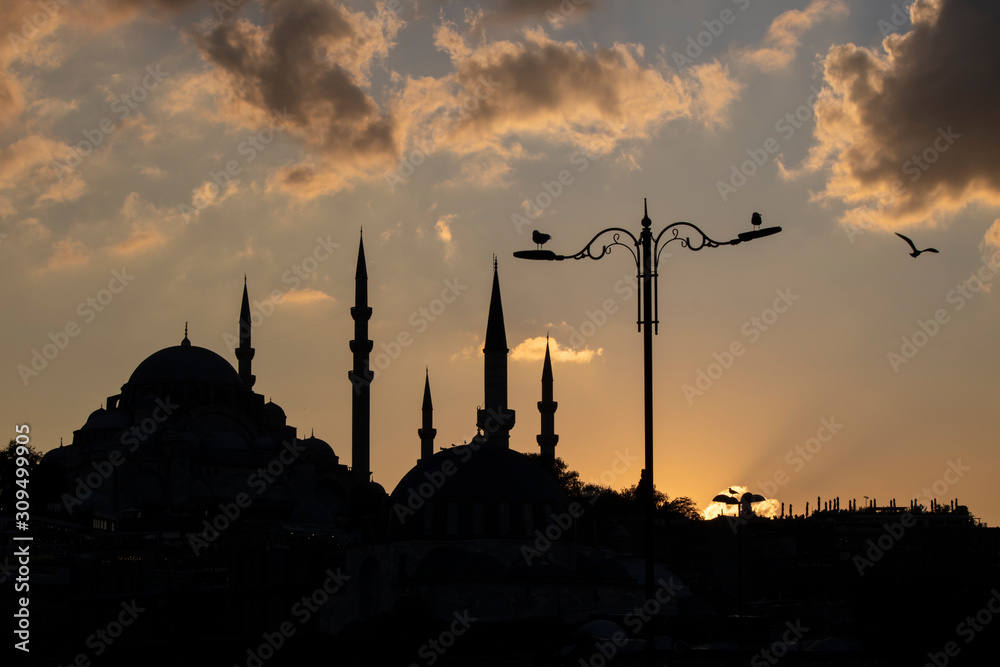 Suleymaniye mosque spectacular sunset turkey istanbul. Cloudy