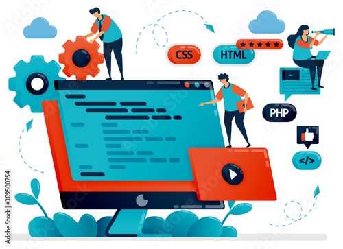 Designing program, web, apps on monitor screen or desktop. Teamwork in developing programming. Debugging development process. Vector illustration for website homepage header landing web page template