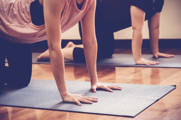 Group of young healthy Asian women practicing yoga, beginner  lesson with instructor in home studio, wellness and fitness lifestyle concept, new year resolution