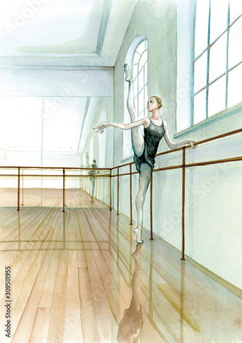 A young ballet dancer training in the studio