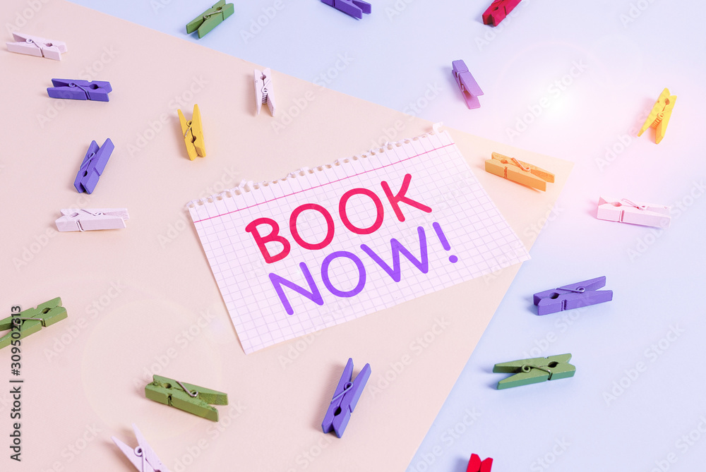 Handwriting text Book Now. Conceptual photo guaranteed to have place because you have already purchased it Colored clothespin paper empty reminder yellow blue floor background office Handwriting text Book Now. Conceptual photo guaranteed to have place because you have already purchased it Colored clothespin paper empty reminder yellow blue floor background office