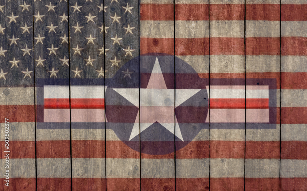 vintage faded American flag and air force star painted on a weathered wood  barn wall Stock Photo | Adobe Stock