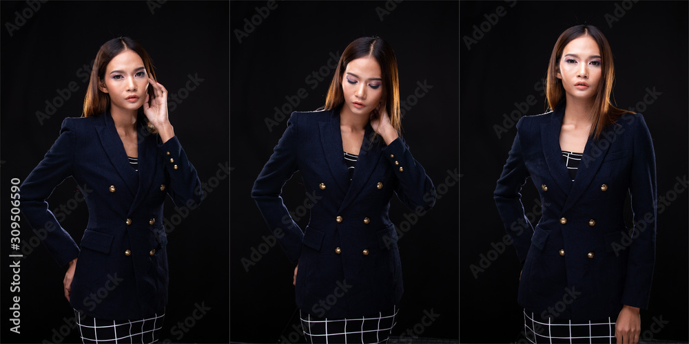 Portrait Asian Business Woman wear Deep Blue Formal Suit Blazzer, studio lighting black background isolated, Lawyer Boss act posing smile smart look, collage group pack concept