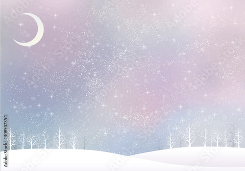 冬の景色：水彩　冬　景色　木　木々　雪　丘　雪山　林　森　星　夜空　キラキラ　月