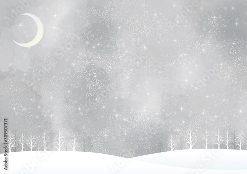冬の景色：水彩　冬　景色　木　木々　雪　丘　雪山　林　森　星　夜空　キラキラ　月