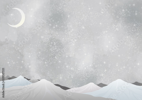 冬の景色：水彩 冬 景色 山 雪 雪山 星 夜空 キラキラ ミルキーウェイ