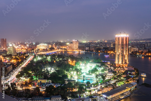 Night view of downtown Cairo and the Nile River