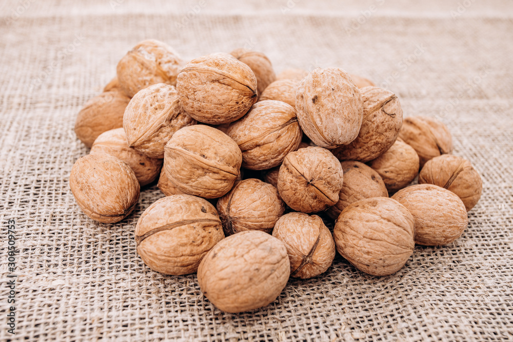 Mature walnuts on woven fabric. Nuts on linen fabric