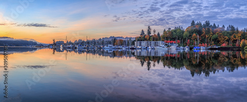 Panorama of Gig Harbor during fall with the beautiful fall colors
