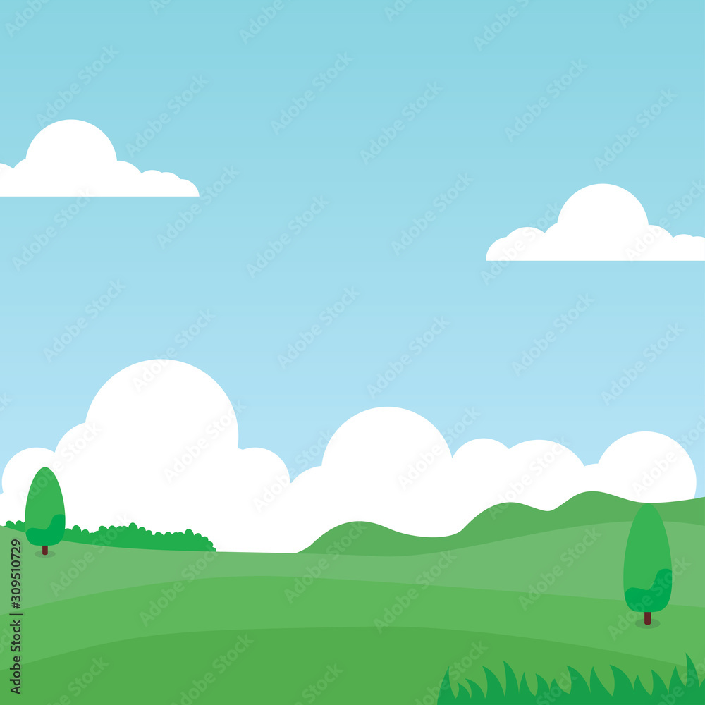 Nature landscape vector. Green meadow cartoon illustration with clouds and blue sky. Nature landscape vector. Green meadow cartoon illustration with clouds and blue sky.