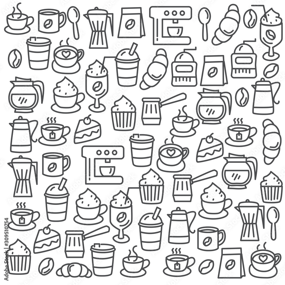 Set of hand drawn coffee doodle vector illustration with cute design suitable for background. Coffee and cafe related vector with cute line design 