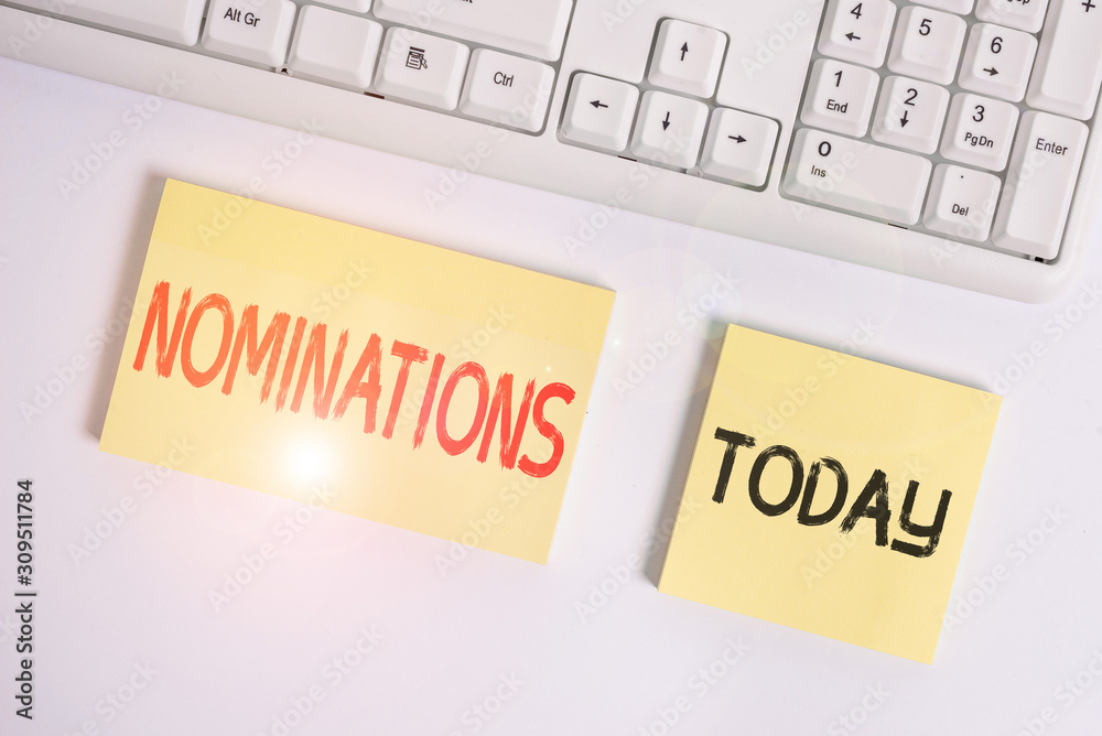 Text sign showing Nominations. Business photo showcasing the act of officially suggesting someone for a job or position Flat lay above blank copy space sticky notes with business concept Text sign showing Nominations. Business photo showcasing the act of officially suggesting someone for a job or position Flat lay above blank copy space sticky notes with business concept