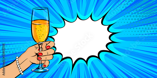 White woman hand hold glass of champagne in pop art style