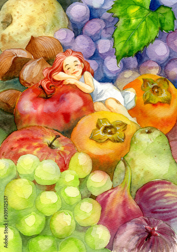 A little fairy girl sleeping on the autumn fruits