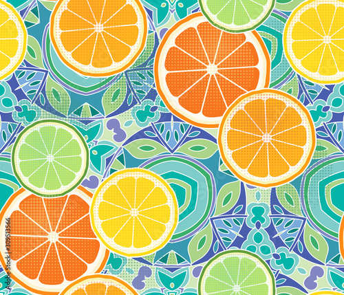 Citrus slices, orange, lime, lemon, and grapefruit on a intricate kaleidoscope background