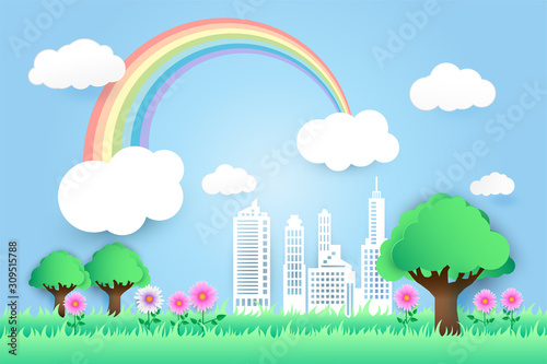beautiful rainbow and flowers in the city scape , paper art style