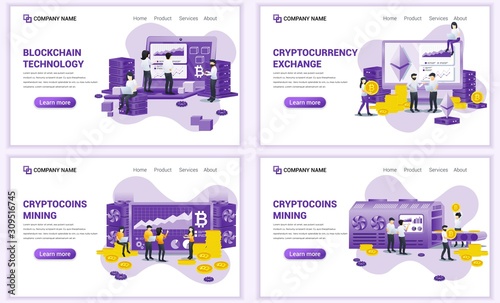 Set of web page design templates for block chain technology and Cryptocurrency concept. Can use for web banner, poster, infographics, landing page, web template. Flat vector illustration