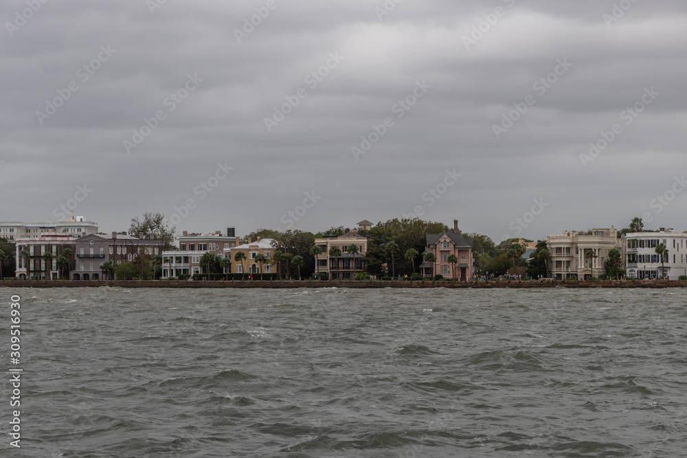 Scenic Charleston waterfront vista on a heavily overcast rainy day, South Carolina